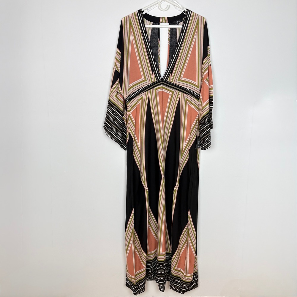 Lulus Women V Neck Kimono Sleeve Cutout Geometric Print Maxi Dress Size XL Black